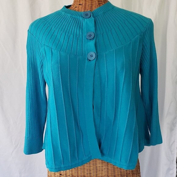 Willi Smith Women's Medium Blue Ribbed Cotton 3/4 Sleeve Cardigan Sweater - Picture 1 of 4